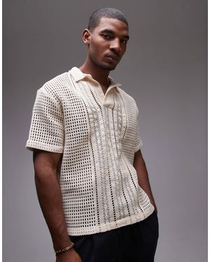 TOPMAN Short Sleeve Relaxed Crochet Polo Shirt - Brown