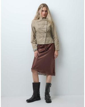 Reclaimed Vintage Awkward Length Satin Midi Skirt With Lace Trim - Natural