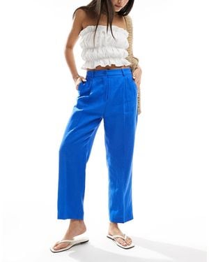 Mango Pantalones Azules De Corte Slim Con Cinturilla Elástica De Mezcla De Lino De