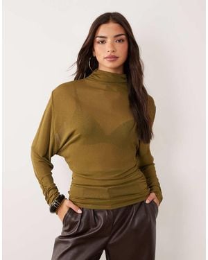 ASOS Top Trasparente Con Maniche A Pipistrello, Collo Alto E Maniche Arricciate Color Oliva - Marrone