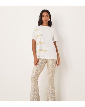 Never Fully Dressed Petite Sequin Flared Trouser Co-ord - Natural
