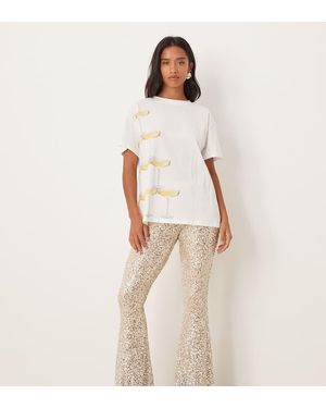 Never Fully Dressed Petite Sequin Flared Trouser Co-ord - Natural