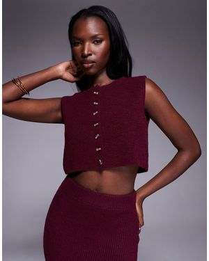 Aria Cove Ribbed Knit Cropped Button Through Sleeveless Waistcoat - Red