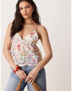Gina Tricot Strappy Broderie Anglaise Singlet Top - Natural