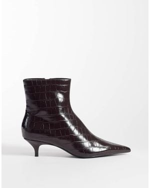 Mango Faux Leather Croc Look Kitten Heeled Ankle Boot - White