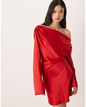 ASOS Satin Drape Long Sleeve Off Shoulder Mini Dress - Red