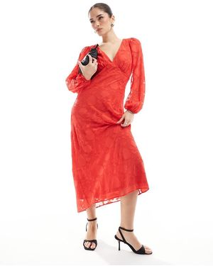 New Look Vestito Midi A Maniche Lunghe Dévoré - Rosso