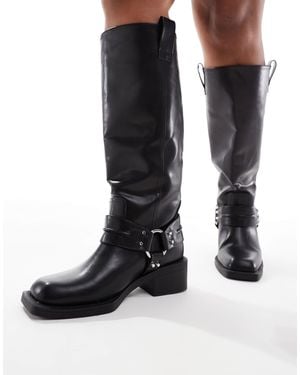 ASOS Curve Camila Flat Biker Harness Knee Boots - Black