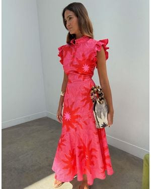 Never Fully Dressed Frida High Neck Frill Sleeve Midi Dress - Red