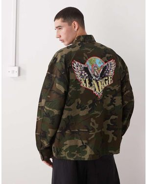 X-Large Camisa Verde De Estilo Militar Con Estampado De Camuflaje Y Gráfico Del Logo De Tejido Antidesgarros De - Multicolor