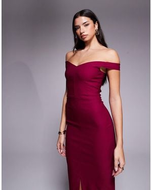 Vesper Bengaline Bardot Sweetheart Neckline Split Front Midi Dress - Red