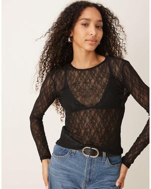Aware Sheer Stretchy Lace Long Sleeve Top - Black