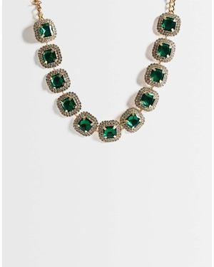 ASOS Necklace With Statement Stone Set And Faux Green Crystal Detail - Metallic
