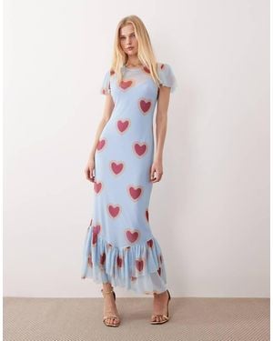 Never Fully Dressed Vestido Largo Pastel Con Mangas Acampanadas Y Estampado De Corazones De Malla De - Azul