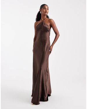 Six Stories Bridesmaid Satin Halterneck Maxi Dress - Brown