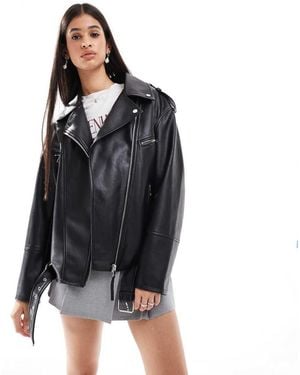 Bershka Oversized Faux Leather Biker Jacket - Black