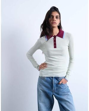 TOPSHOP Knitted Contrast Collar Sheer Rib Polo - White