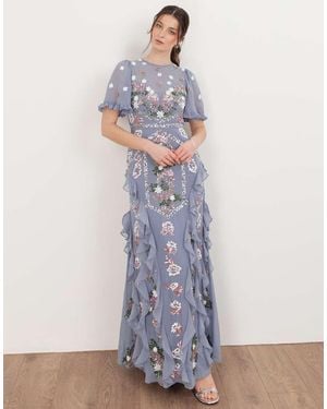 Maya Embellished Short Sleeve Ruffle Maxi Dress - White