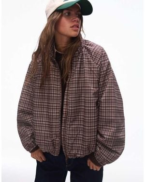 Bershka Oversize Zip-up Check Jacket - Brown