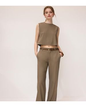 Stradivarius Straight-Leg Linen Mix Trousers With Belt - Natural
