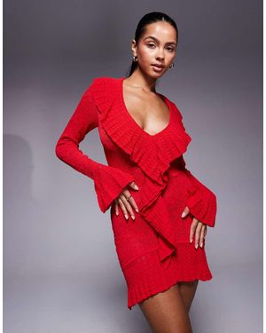 Oh Polly Pointelle Ruffle Knit Mini Dress - Red