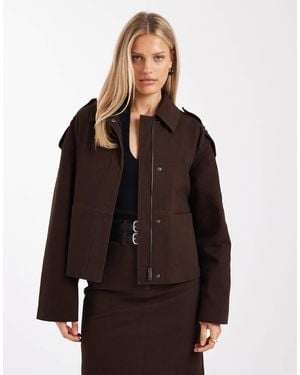 4th & Reckless Cotton Rich Buckle Detail Zip Through Harrington Jacket Co-ord - Brown