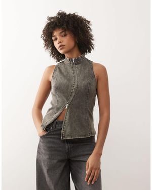 Weekday High Neck Top With Zip Detail - Gray