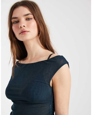 Cotton On Gathered Mesh Off Shoulder Top - Blue
