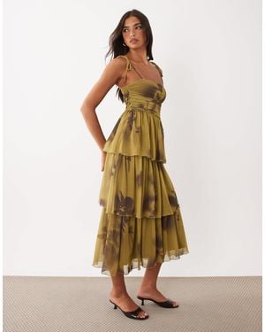 ASOS Tiered Printed Mesh Midaxi Dress - Natural