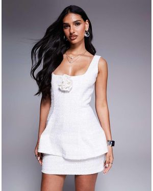Wanderdoll Sophia Sequin Boucle Square Neck Corsage Detail Structured Mini Dress - White