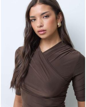 Kaiia Exclusive Double Sculpted Slinky Wrap Front Detail 3/Sleeve Top Co-Ord - Brown