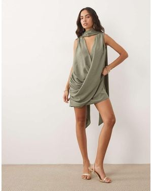 ASOS Drape Wrap Front Mini With Scarf Detail - Natural