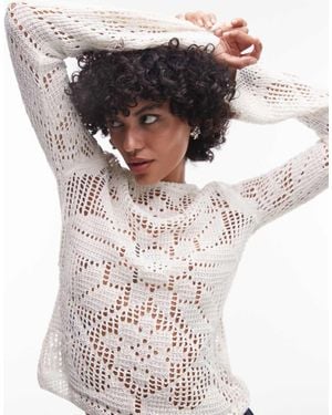 TOPSHOP Knitted Slash Neck Lace Long Sleeve Top - White
