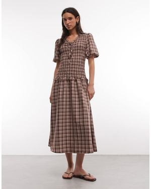 Daisy Street Shirred Drop Waist Midi Dress With Puff Sleeves And Tie Front - Brown