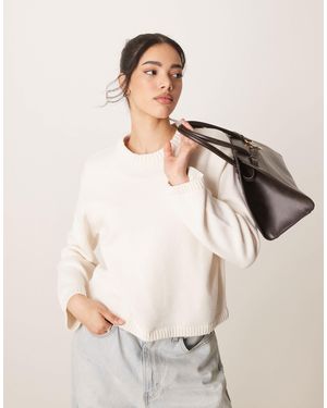Gina Tricot Cotton Blend Knitted Jumper With Crew Neck - Natural