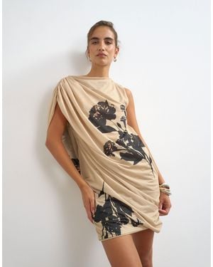 TOPSHOP High Neck Mesh Floral Print Draped Mini Dress - Metallic