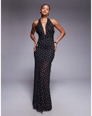 ASOS Mesh Cross Over Halterneck Detail Maxi Dress With Sheer Skirt - Blue