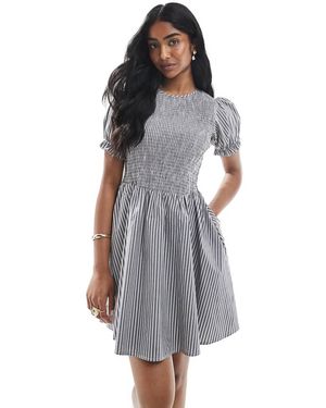 Daisy Street Puff Sleeve Shirred Bodice Mini Dress - Grey