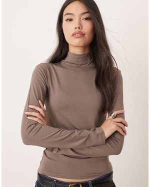 Gina Tricot Long Sleeve Jersey High Neck Top - Brown