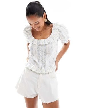 New Look Stripe Floral Button Blouse - White