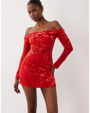 TFNC London Devoure Bardot Off Shoulder Long Sleeve Mini Dress - Red