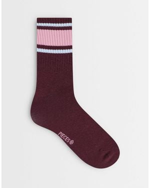 Pieces Retro Striped Ankle Socks - Purple