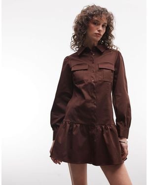 Reclaimed Vintage Mini Utility Shirt Cotton Twill Dress - Brown