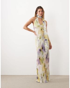 ASOS Printed Plisse Maxi Dress With Scarf Detail - White