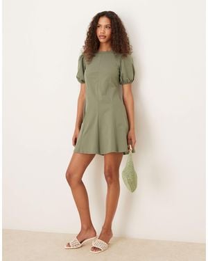 ASOS Puff Sleeve Seam Detail Mini Dress - Green