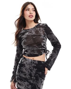 New Look Flocked Mesh Long Sleeve Top - Black