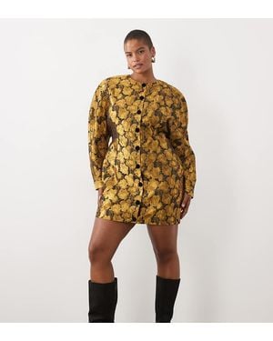 ASOS Asos Design Curve Mini Jurk Met Ronde Hals, Structuur En Knoopsluiting - Geel