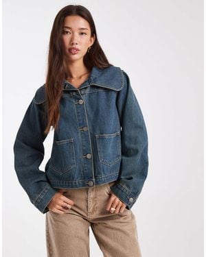 Daisy Street Oversized Collar Washed Denim Jacket - Blue