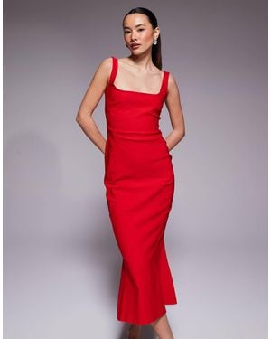Vesper Petite Bengaline Sleeveless Square Neck Fishtail Midi Dress - Red