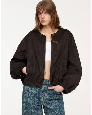 Pull&Bear Faux Suede Collarless Bomber Jacket - Black